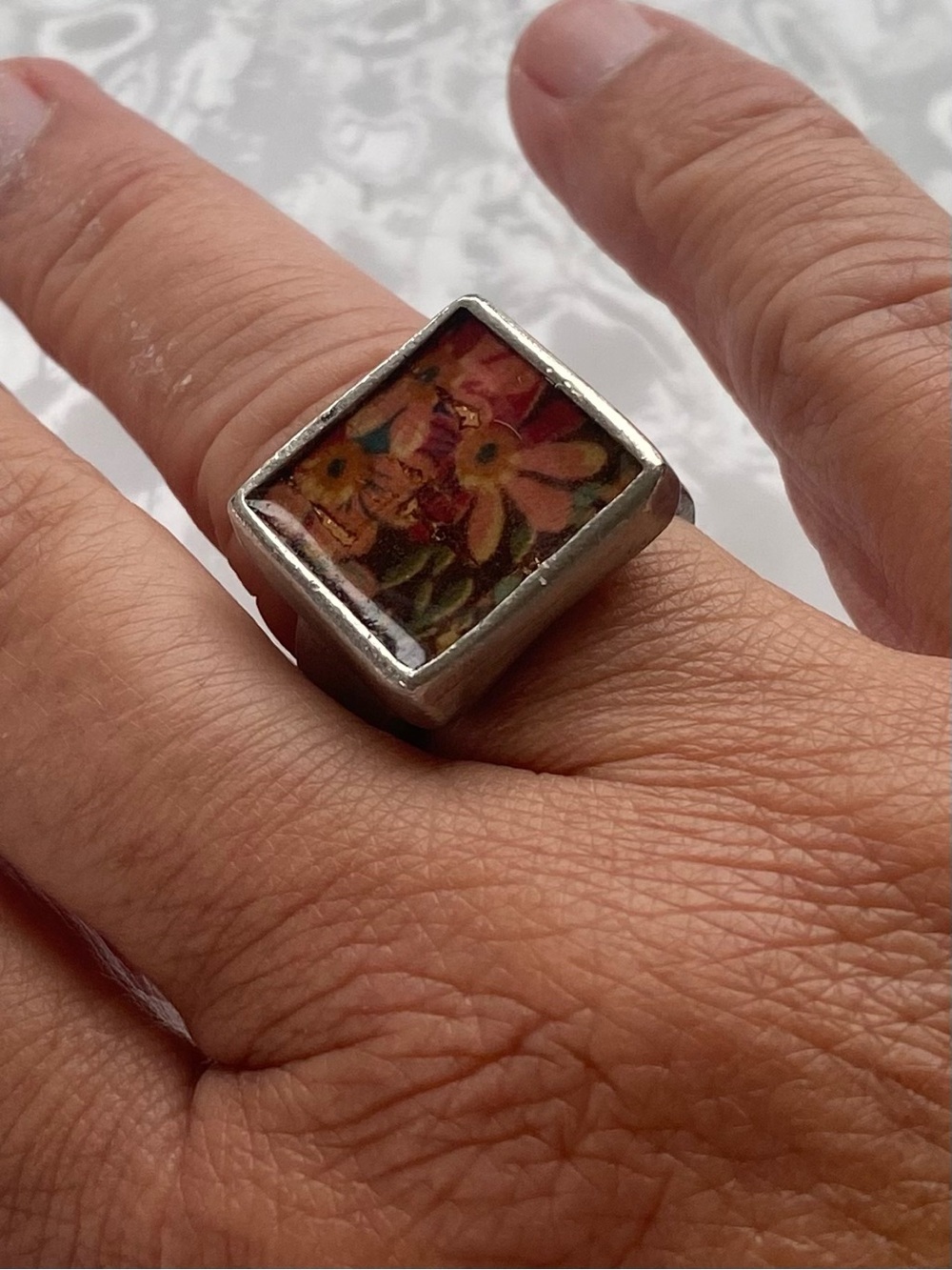 Handmade Square hand painted Floral Resin Ring size 7 - Picture 6 of 9